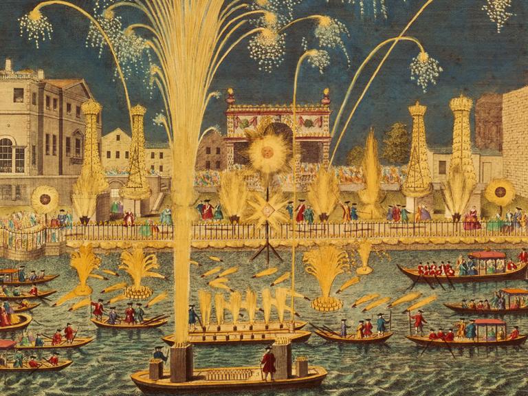 Gemälde eines Feuerwerks auf der Themse. Es sind große und kleine Boote auf dem Fluss zu sehen.