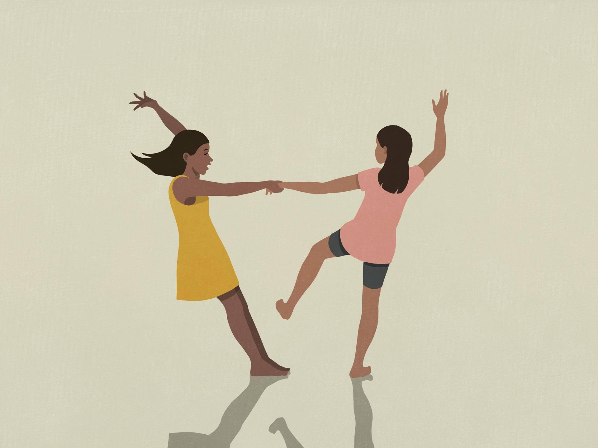Illustration: Zwei jugendliche Mädchen tanzen und halten sich dabei an der Hand