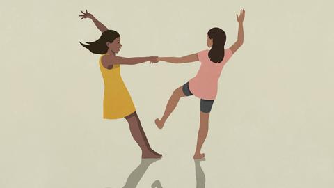 Illustration: Zwei jugendliche Mädchen tanzen und halten sich dabei an der Hand