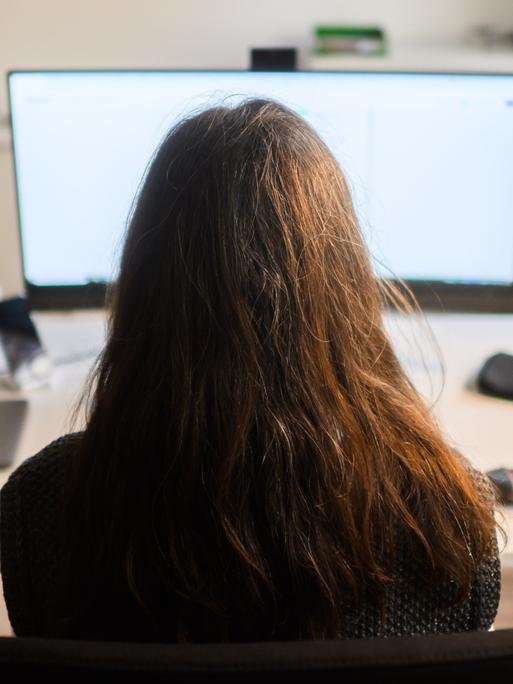 Ein Frau sitzt an einem Arbeitsplatz vor einem Computer (gestellte Szene).