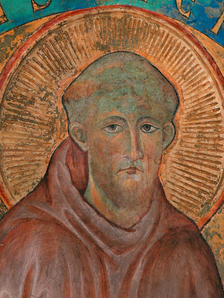 Mittelalterliches, farbenfrohes Fresko von Franz von Assisi mit einem Heiligenschein
