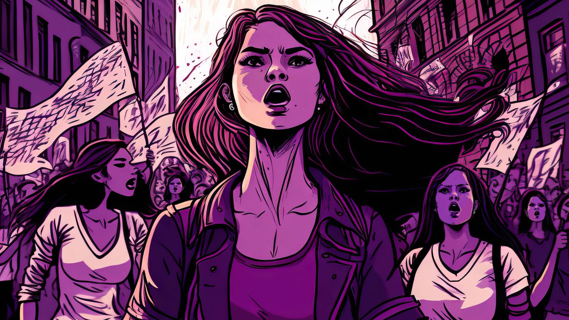 Lila eingefärbte Illustration von Frauen, die solidarisch und entschlossen für ihre Sache auf die Straße gehen.