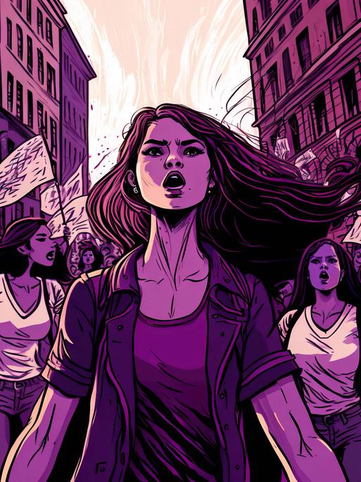 Lila eingefärbte Illustration von Frauen, die solidarisch und entschlossen für ihre Sache auf die Straße gehen.