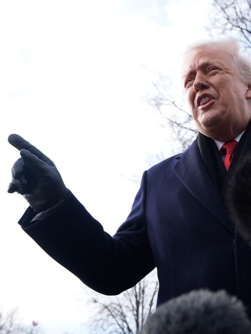 Das Bild zeigt Donald Trump aus der Froschperspektive. Der US-Präsident trägt einen dunklen Mantel und Handschuhe und hebt entschieden den Zeigefinger. Im Hintergrund: ein Baum ohne Blätter sowie der Himmel.