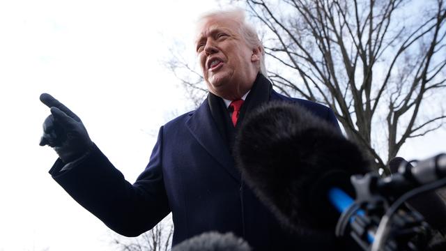 Das Bild zeigt Donald Trump. Der US-Präsident trägt einen dunklen Mantel und Hand-Schuhe. Er hebt den Zeige-Finger. Im Hinter-Grund: ein Baum ohne Blätter und der Himmel.