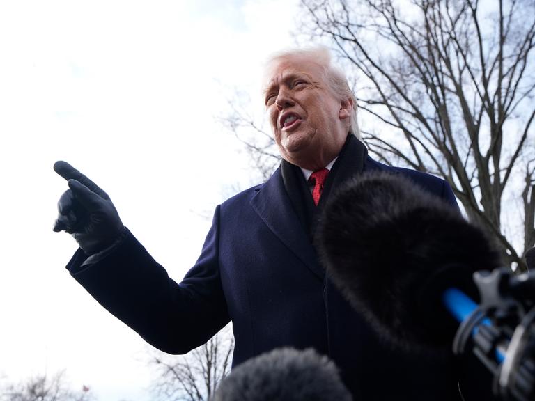 Das Bild zeigt Donald Trump aus der Froschperspektive. Der US-Präsident trägt einen dunklen Mantel und Handschuhe und hebt entschieden den Zeigefinger. Im Hintergrund: ein Baum ohne Blätter sowie der Himmel.