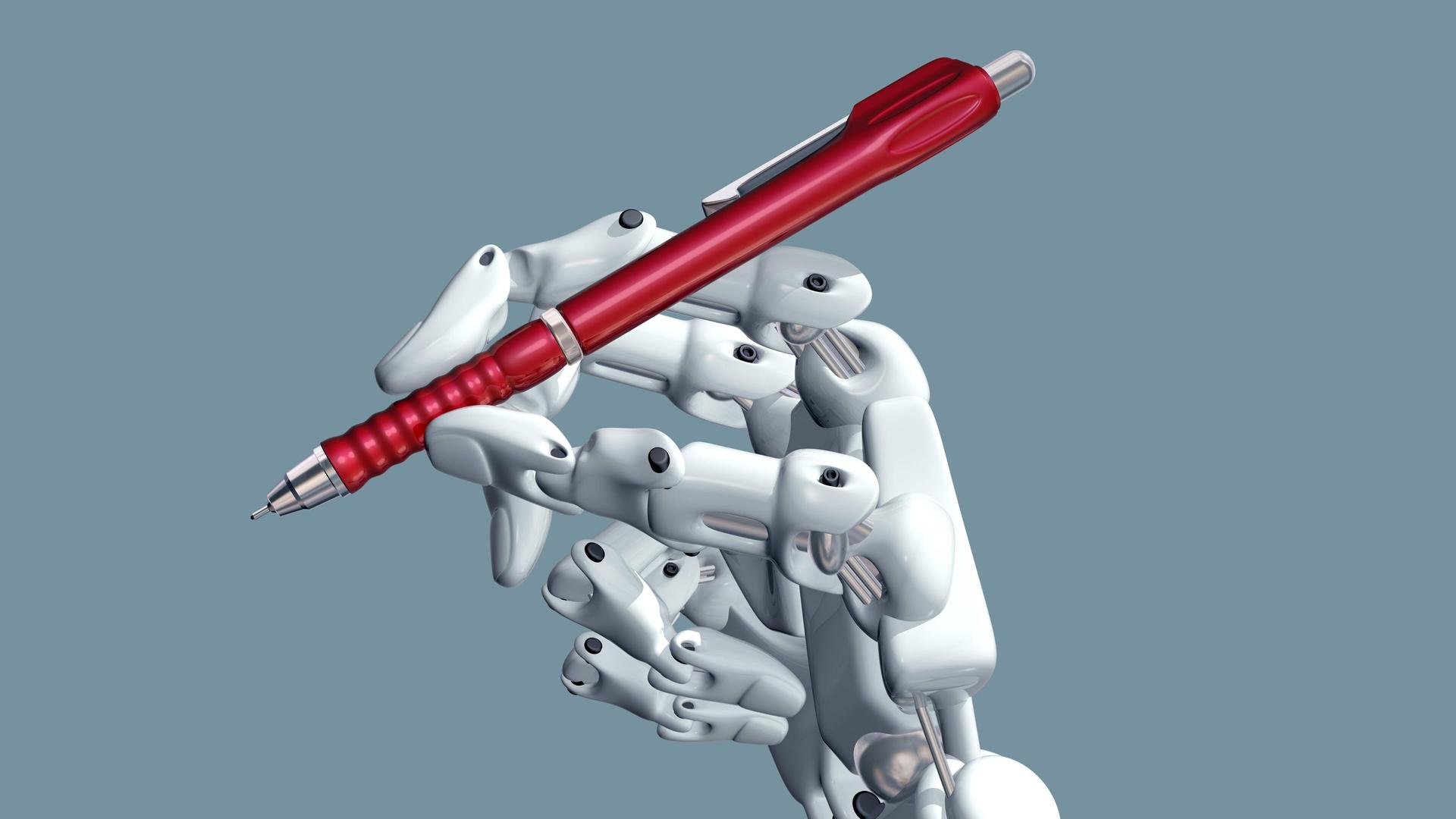 Eine Roboterhand hält einen Stift. 