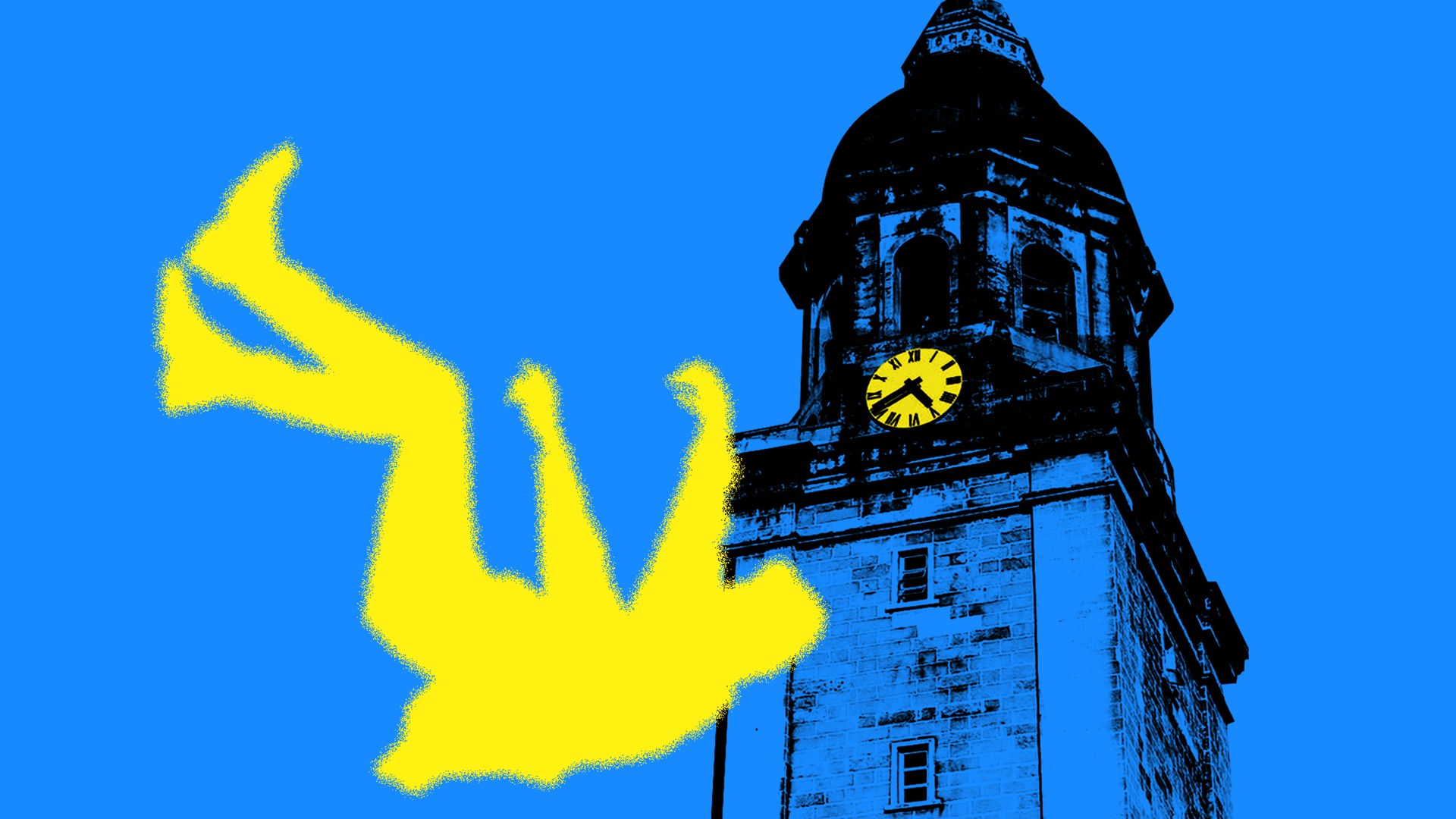 Eine menschliche Figur fällt an einem Turm mit Turmuhr vorbei zu Boden