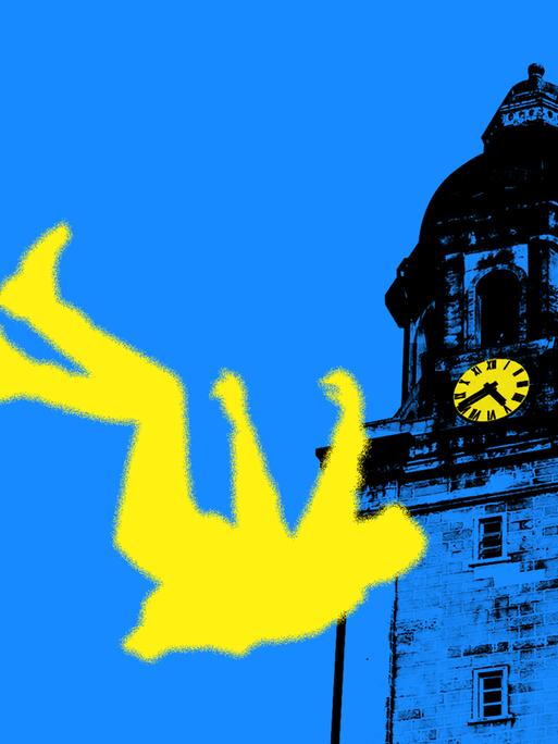 Eine menschliche Figur fällt an einem Turm mit Turmuhr vorbei zu Boden Eine menschliche Figur fällt an einem Turm mit Turmuhr vorbei zu Boden