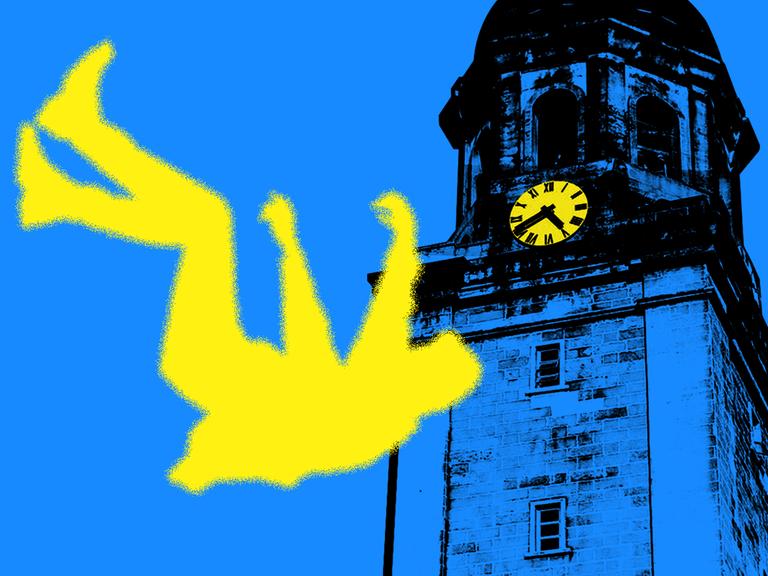 Eine menschliche Figur fällt an einem Turm mit Turmuhr vorbei zu Boden Eine menschliche Figur fällt an einem Turm mit Turmuhr vorbei zu Boden