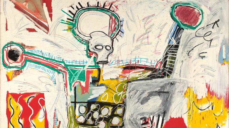 "Untitled": Gemälde von Jean-Michel Baquiat, 1982, Acryl und Ölstift auf Leinwand. Zu sehen sind Graffiti-artige Figuren, die sehr bunt und mit starken Umrissen gezeichnet sind. 