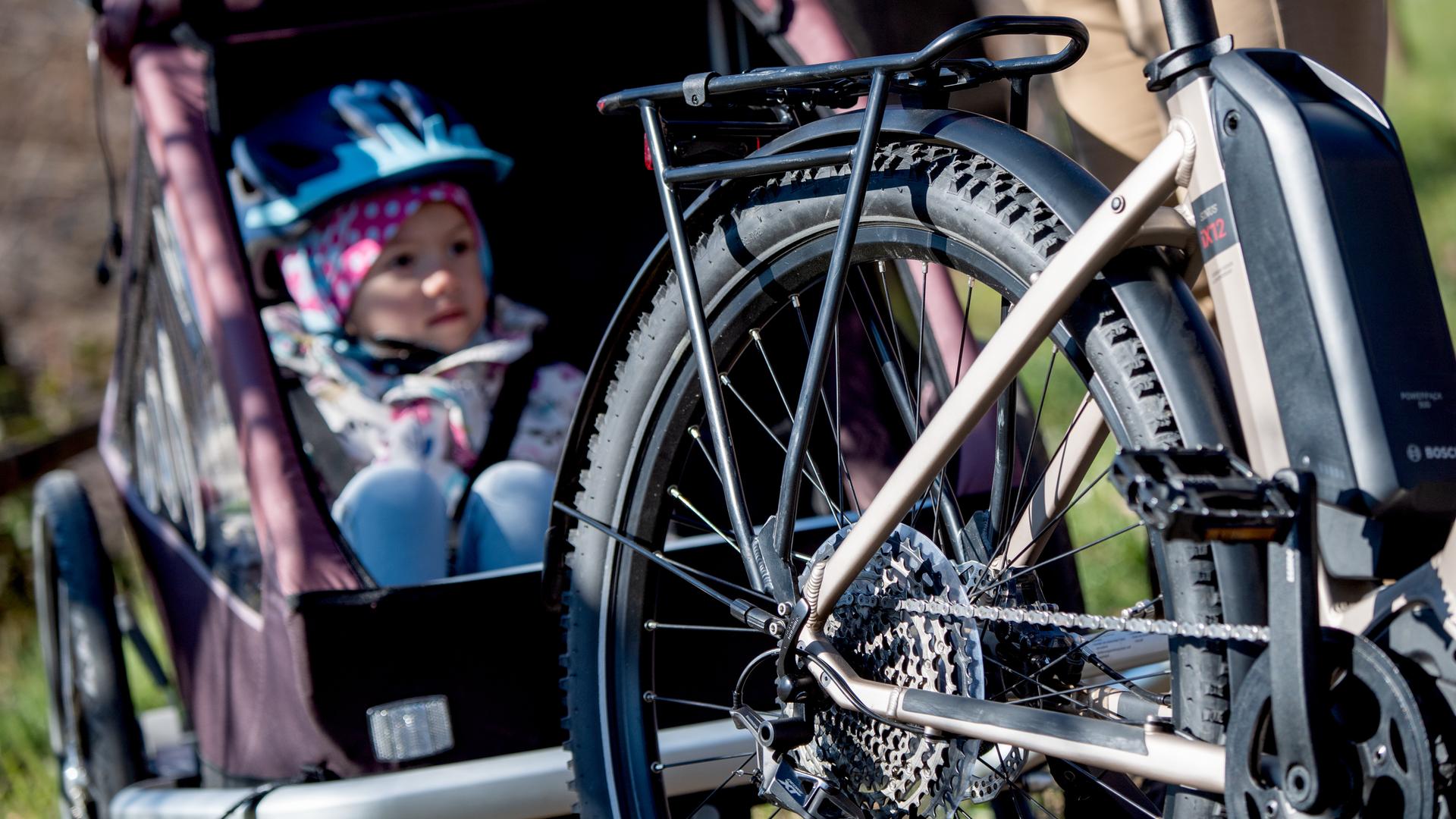 Ein Kind im Fahrradanhänger - Kinder sind stärker Autoabgasen oder Reifenabrieb betroffen, zeigt eine Mainzer Studie 