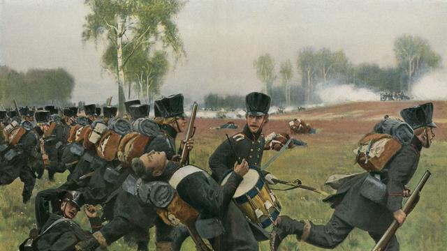 Eine Wassermalerei zeigt eine aus einer Reihe Soldaten nach hinten stürzende Uniformierte.