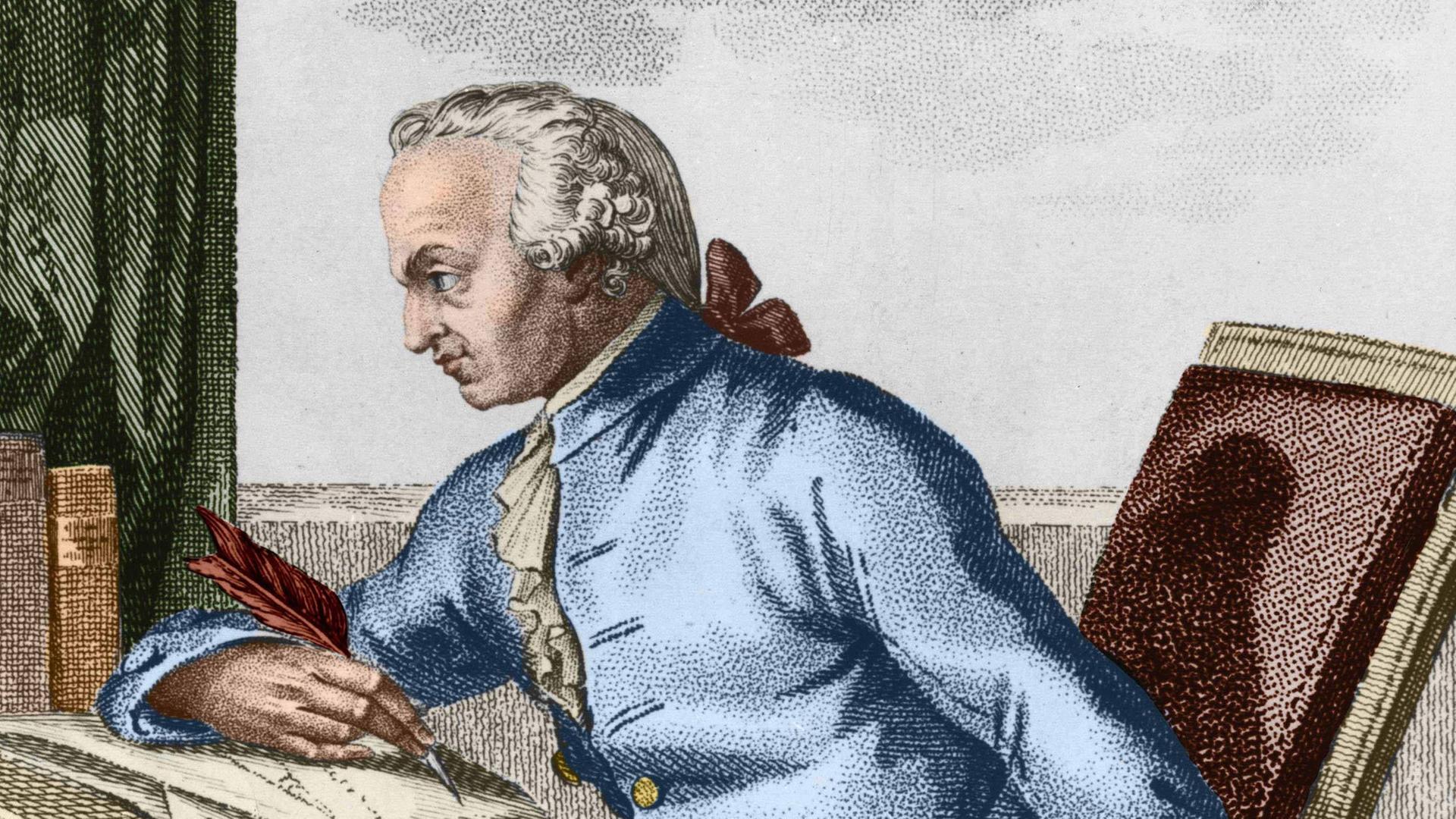 Zeichnung des Philosophen Immanuel Kant. Er sitzt mit einer Schreibfeder in der Hand an einem Tisch.