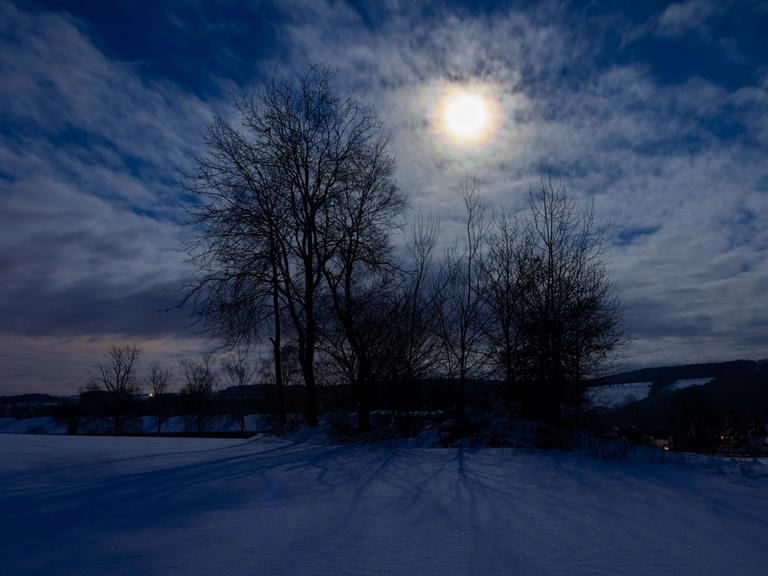 Nachthimmel mit Mond, der durch einen Baum in verschneiter Landschaft scheint