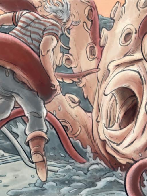 Ausschnitt aus dem Comic. Zu sehen ist eine große Krake, die mit einem Menschen kämpft.