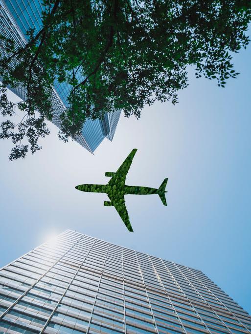 Aufnahme eines grünen Flugzeugs, das über ein Bürogebäude fliegt, aus der Froschperspektive, das Flugzeug sieht aus, als wäre es aus Baumgrün gefertigt