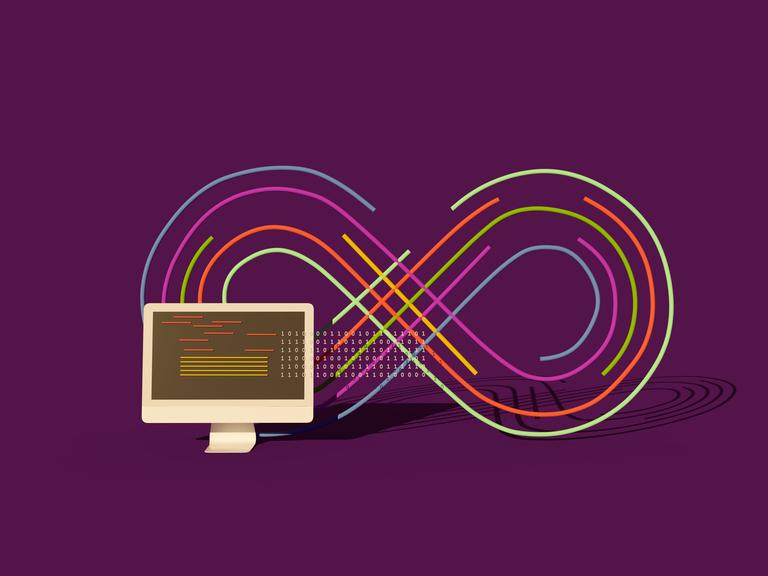 Illustration eines Computer mit einem sich aus dem Monitor hinauslaufenden Binärcode