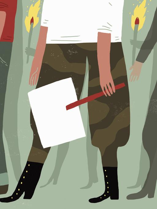 Illustration einer rechten Demonstration, ein Mensch in brauner Hose, schwarzen Stiefeln und zwei Fackeln.