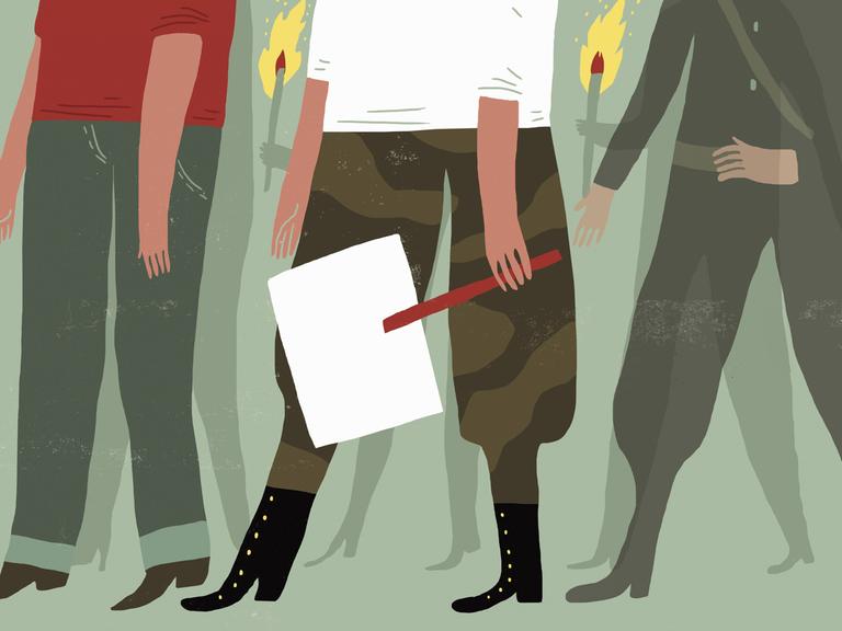 Illustration einer rechten Demonstration, ein Mensch in brauner Hose, schwarzen Stiefeln und zwei Fackeln.
