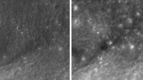 Die beiden schwarz-weiß-Bilder zeigen die Mondoberfläche aus sehr großer Höhe. Krater sind heller abgebildet als die restliche Oberfläche.