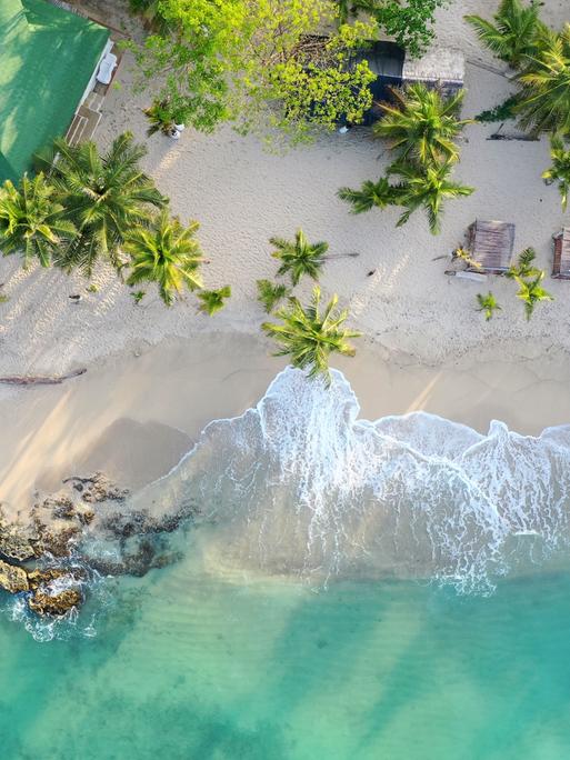 Luftaufnahme eines weißen Sandstrandes mit Palmen und kleinen Hütten in Kolumbien.