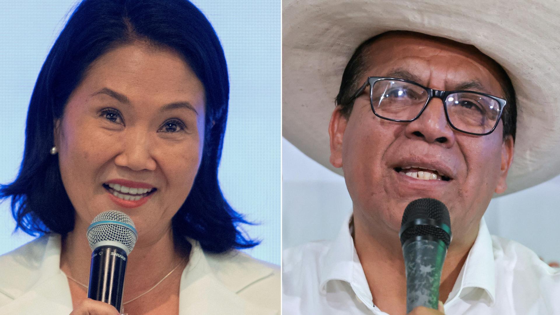 Porträts der beiden Kandidaten Keiko Fujimori und Roberto Sanchez nebeneinander. Beide sprechen jeweils in ein Mikrofon. 