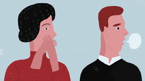 Eine gezeichnete Illustratrion zeigt ein Frau, die ihren Mund bedeckt und einen Mann mit einer Sprechblase. 