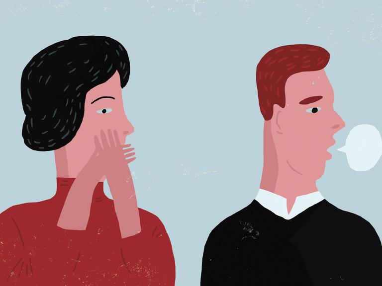 Eine gezeichnete Illustratrion zeigt ein Frau, die ihren Mund bedeckt und einen Mann mit einer Sprechblase. 