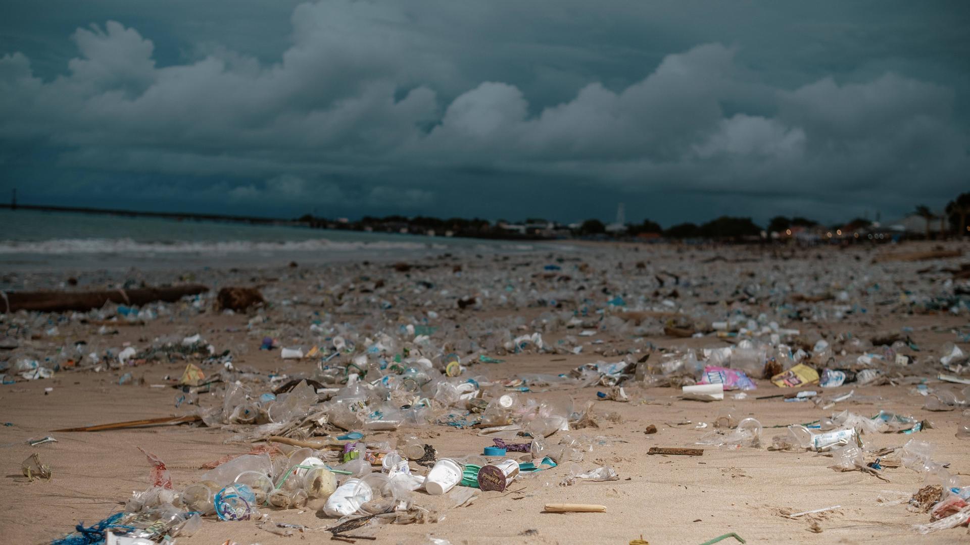 Das Bild zeigt Plastikmüll am Strand von Indonesien