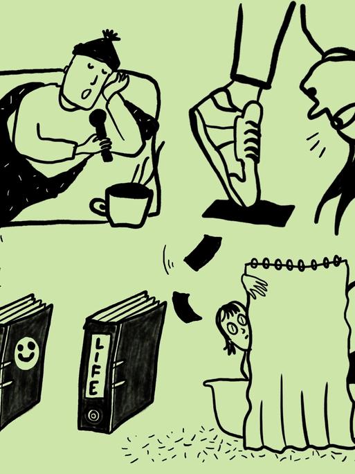 4 Skizzen im Quadrat angeordnet, eine Badewanne, hinter deren Duschvorhang eine Frau und eine Katze herausschauen, eine Person, die sich weit vornüberbeugt, so dass nur Schuhe und Kopf zu sehen sind und eine liegende Person unter einer Decke mit Mikrofon