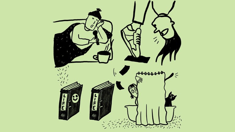 4 Skizzen im Quadrat angeordnet, eine Badewanne, hinter deren Duschvorhang eine Frau und eine Katze herausschauen, eine Person, die sich weit vornüberbeugt, so dass nur Schuhe und Kopf zu sehen sind und eine liegende Person unter einer Decke mit Mikrofon 4 Skizzen im Quadrat angeordnet, eine Badewanne, hinter deren Duschvorhang eine Frau und eine Katze herausschauen, eine Person, die sich weit vornüberbeugt, so dass nur Schuhe und Kopf zu sehen sind und eine liegende Person unter einer Decke mit Mikrofon