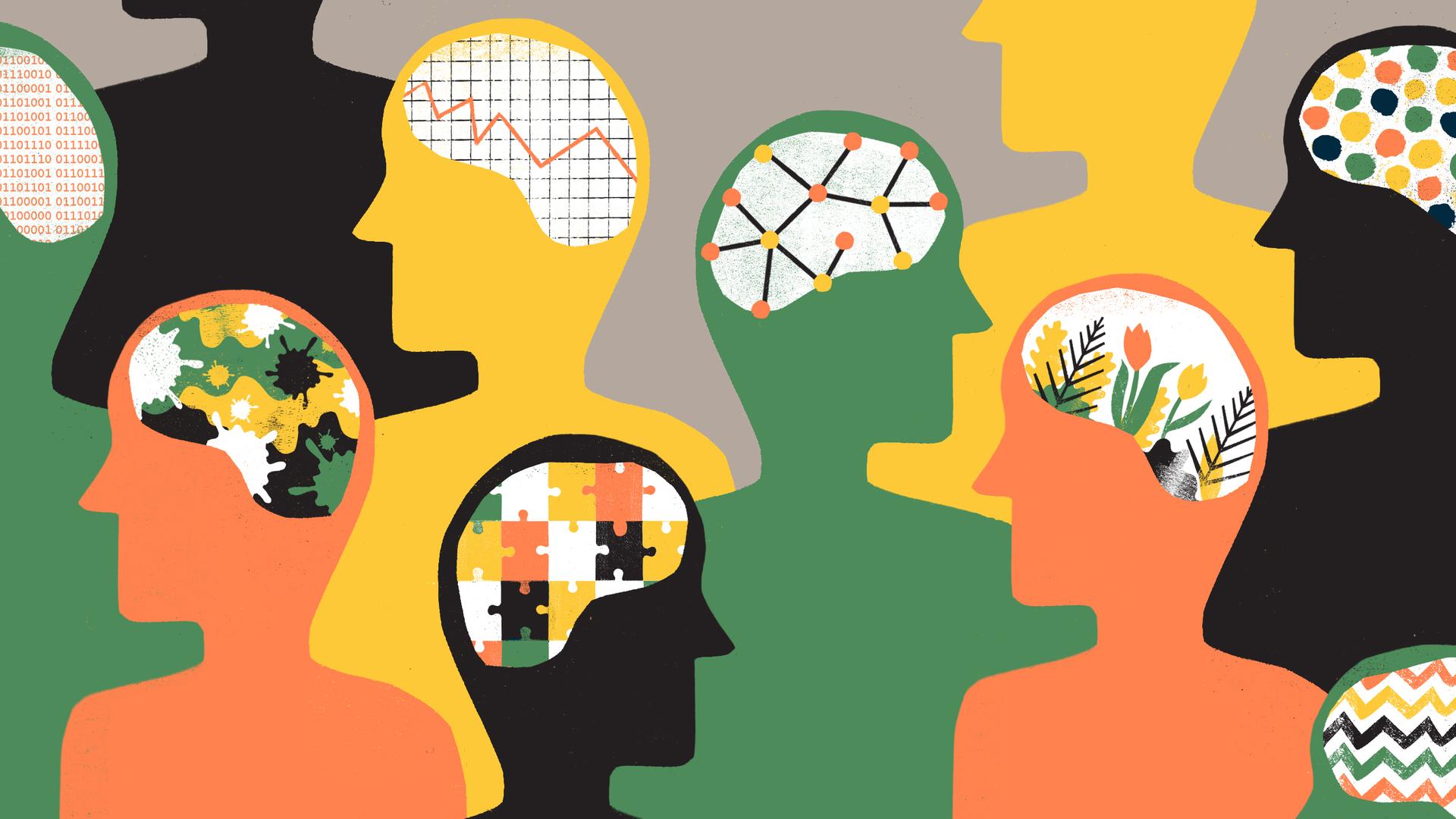 Illustration zeigt verschiedenfarbige Personen mit grafisch unterschiedlichen Gehirnen.