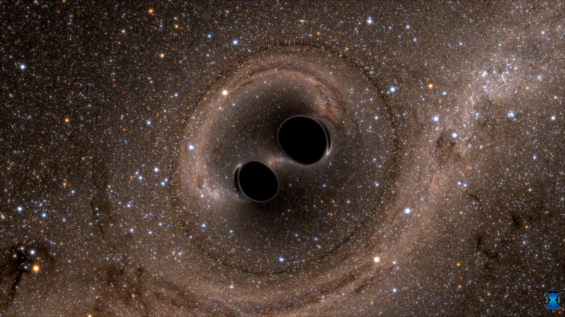 Zwei Schwarze Löcher kurz vor dem Verschmelzen (Illustration): Der Schwarzschild-Radius gibt an, wie groß der Bereich ist, aus dem kein Licht entkommen kann