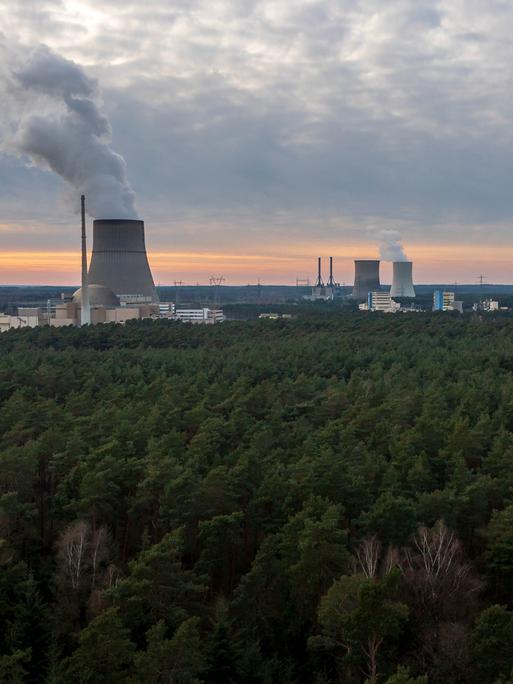 Das Atomkraftwerk Emslandmitten im Waldgebiet mit rauchendem Schornstein. 