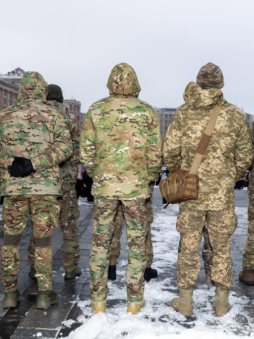 Ukrainische Soldaten stehen aufgereiht zum Appell.