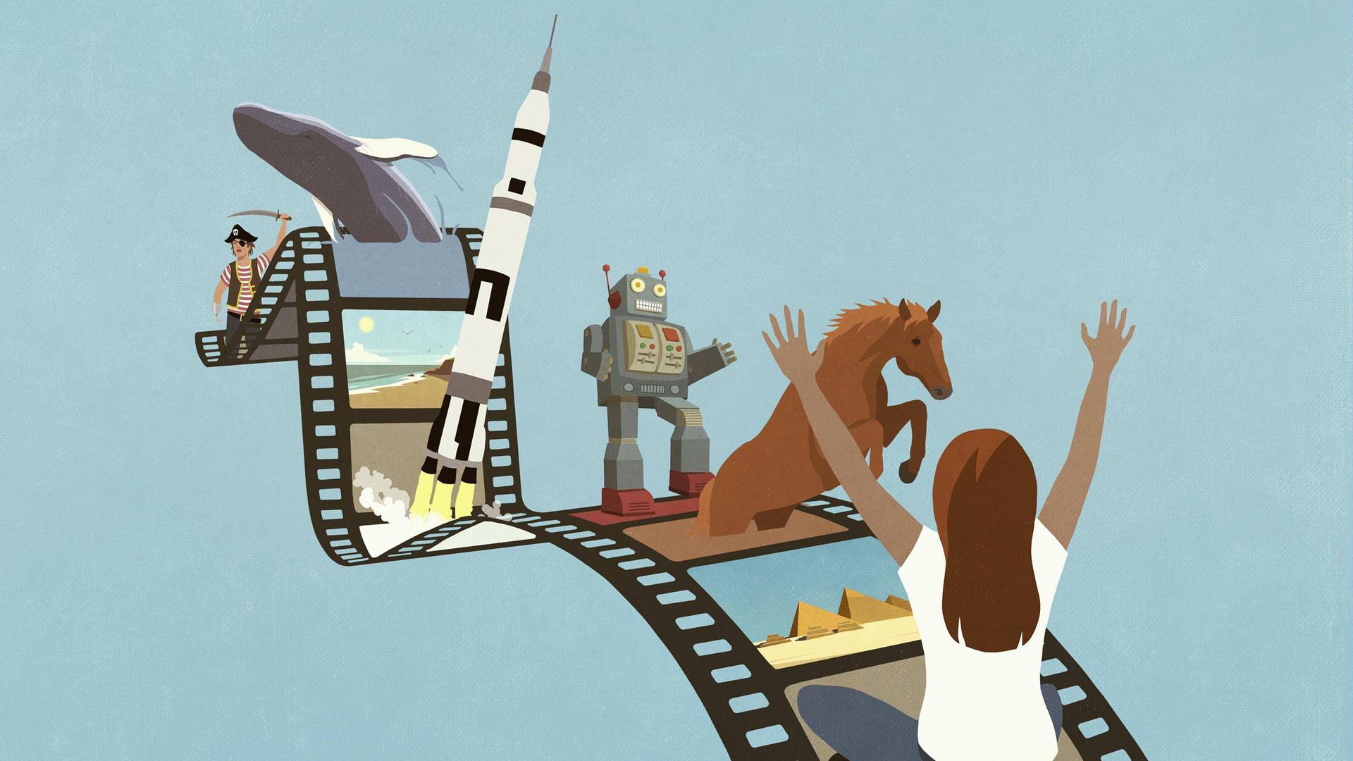 Illustration: Rückansicht einer  Frau, die auf eine Filmrolle sitzt und verschiedene Bildszenen (Pferd, Robotter, Rakete, Wal, Pirat), die dem Film entspringen,  betrachtet.