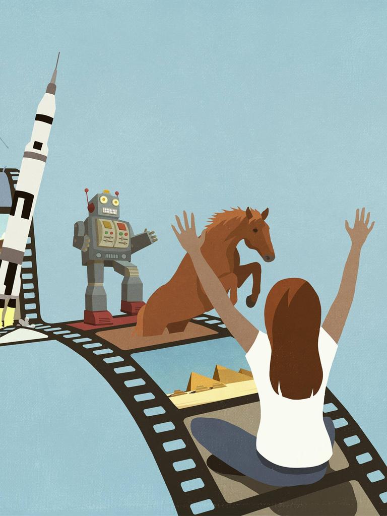 Illustration: Rückansicht einer  Frau, die auf eine Filmrolle sitzt und verschiedene Bildszenen (Pferd, Robotter, Rakete, Wal, Pirat), die dem Film entspringen,  betrachtet.