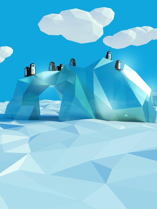 Auf einer Illustration sitzen mehrere Pinguine auf einem Eisberg, im Hintergrund sind Wolken zu sehen.