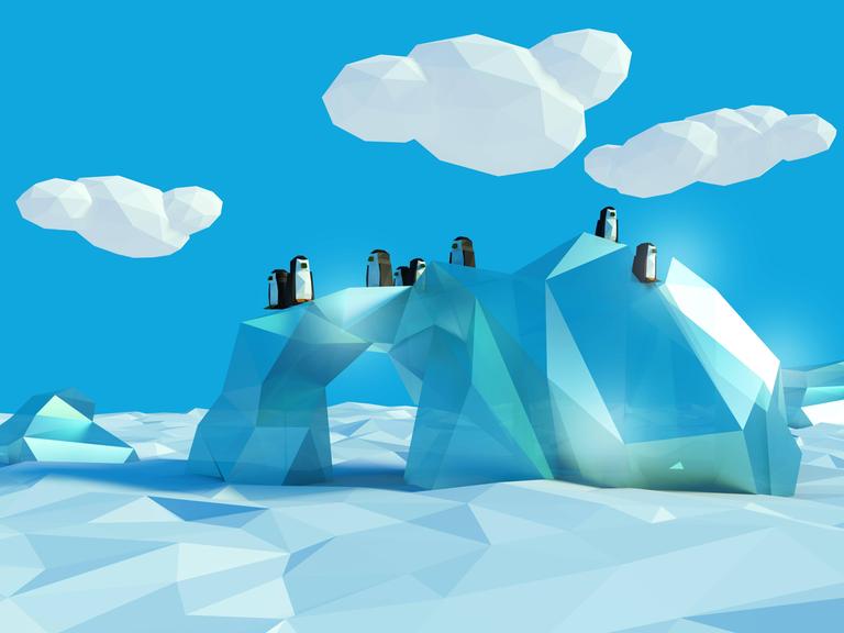 Auf einer Illustration sitzen mehrere Pinguine auf einem Eisberg, im Hintergrund sind Wolken zu sehen.