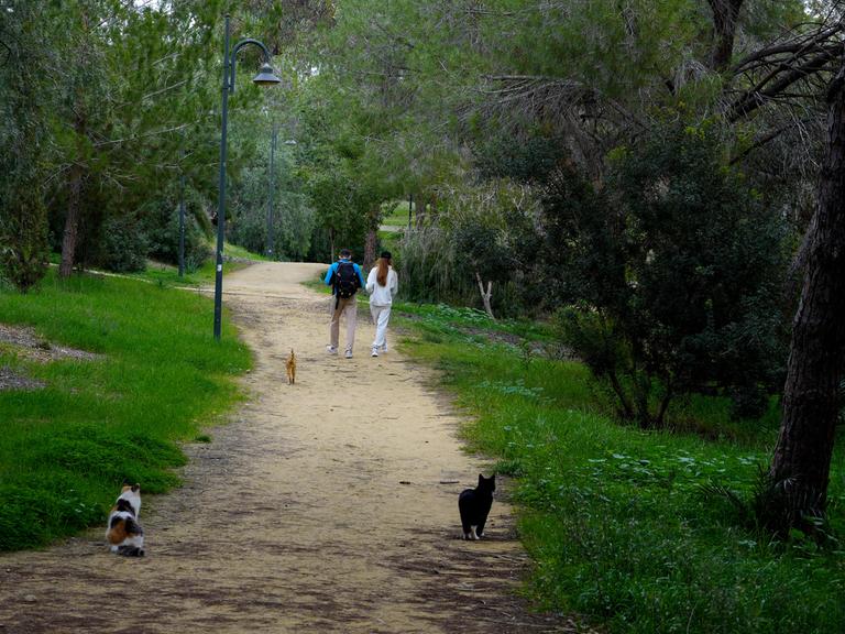 Ein Mann und eine Frau gehen durch den Athalassa Park in der zypriotischen Hauptstadt Nicosia.