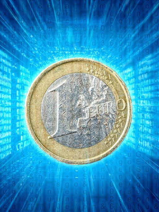 Eine 1-Euro-Münze vor einem digitalen blauen Raum