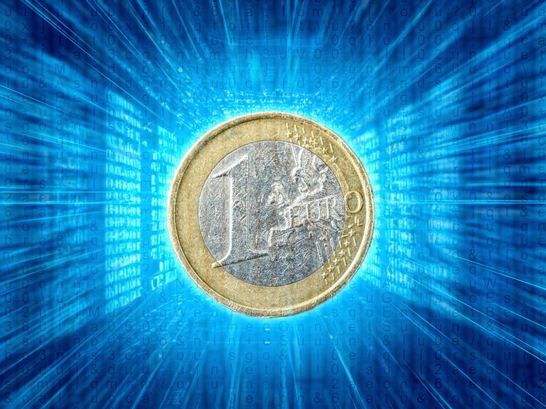 Eine 1-Euro-Münze vor einem digitalen blauen Raum