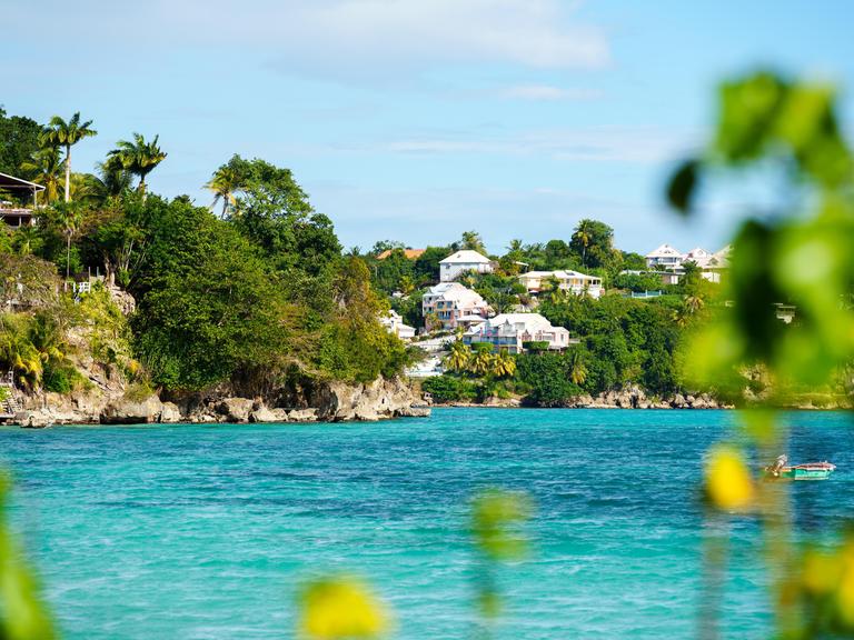 Wohnhäuser an der Küste von Pointe-à-Pitre auf Guadeloupe in der Karibik umgeben von tropischer Vegetation.