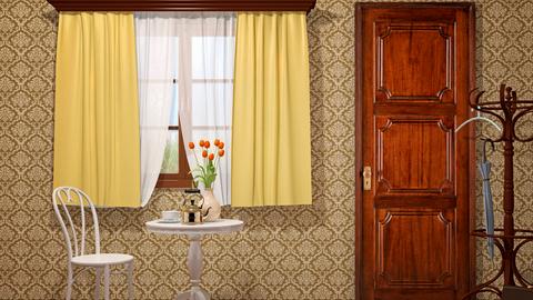 Ein Raum mit Holztür, Garderobenständer und Blumen auf einem Beistelltisch vor dem Fenster. 