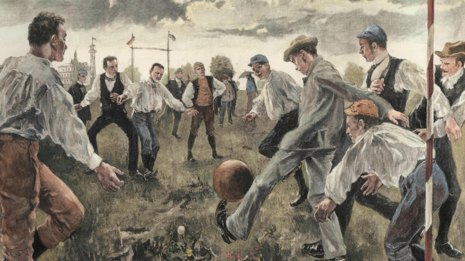 Fußballspieler im Februar 1894 beim Ersten Kongreß für Jugend und Ballspiele des Zentralausschusses für Förderung der Jugend und Volksspiele in Berlin. Holzstich nach Zeichnung von Werner Zehme aus der Leipziger Illustrierte Zeitung.