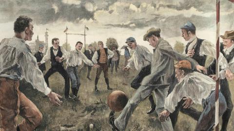 Fußballspieler im Februar 1894 beim Ersten Kongreß für Jugend und Ballspiele des Zentralausschusses für Förderung der Jugend und Volksspiele in Berlin. Holzstich nach Zeichnung von Werner Zehme aus der Leipziger Illustrierte Zeitung.