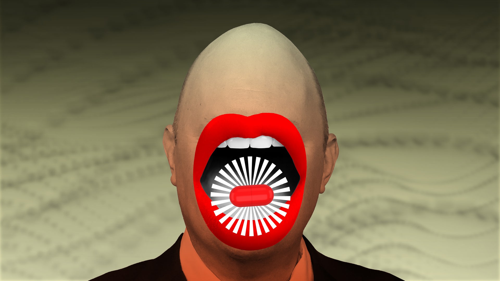 Collage einer Person mit Glatze, deren Augen nicht zu sehen sind. Sie hat einen überdimensional großen Mund mit roten Lippen, auf dem eine rote Pille mit Heiligenschein schwebt. Collage einer Person mit Glatze, deren Augen nicht zu sehen sind. Sie hat einen überdimensional großen Mund mit roten Lippen, auf dem eine rote Pille mit Heiligenschein schwebt.