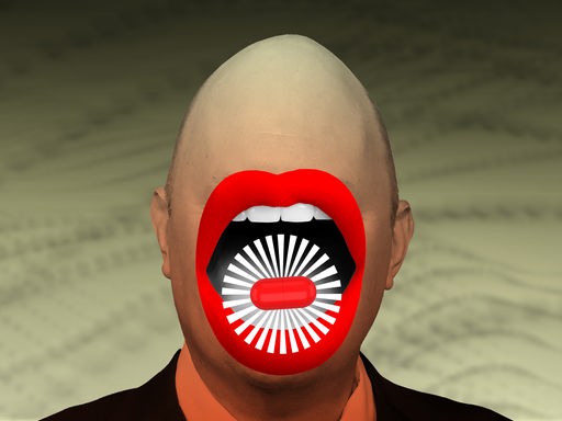 Collage einer Person mit Glatze, deren Augen nicht zu sehen sind. Sie hat einen überdimensional großen Mund mit roten Lippen, auf dem eine rote Pille mit Heiligenschein schwebt.