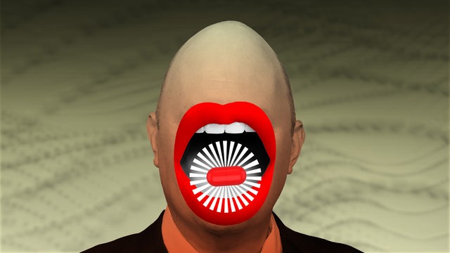 Collage einer Person mit Glatze, deren Augen nicht zu sehen sind. Sie hat einen überdimensional großen Mund mit roten Lippen, auf dem eine rote Pille mit Heiligenschein schwebt.
